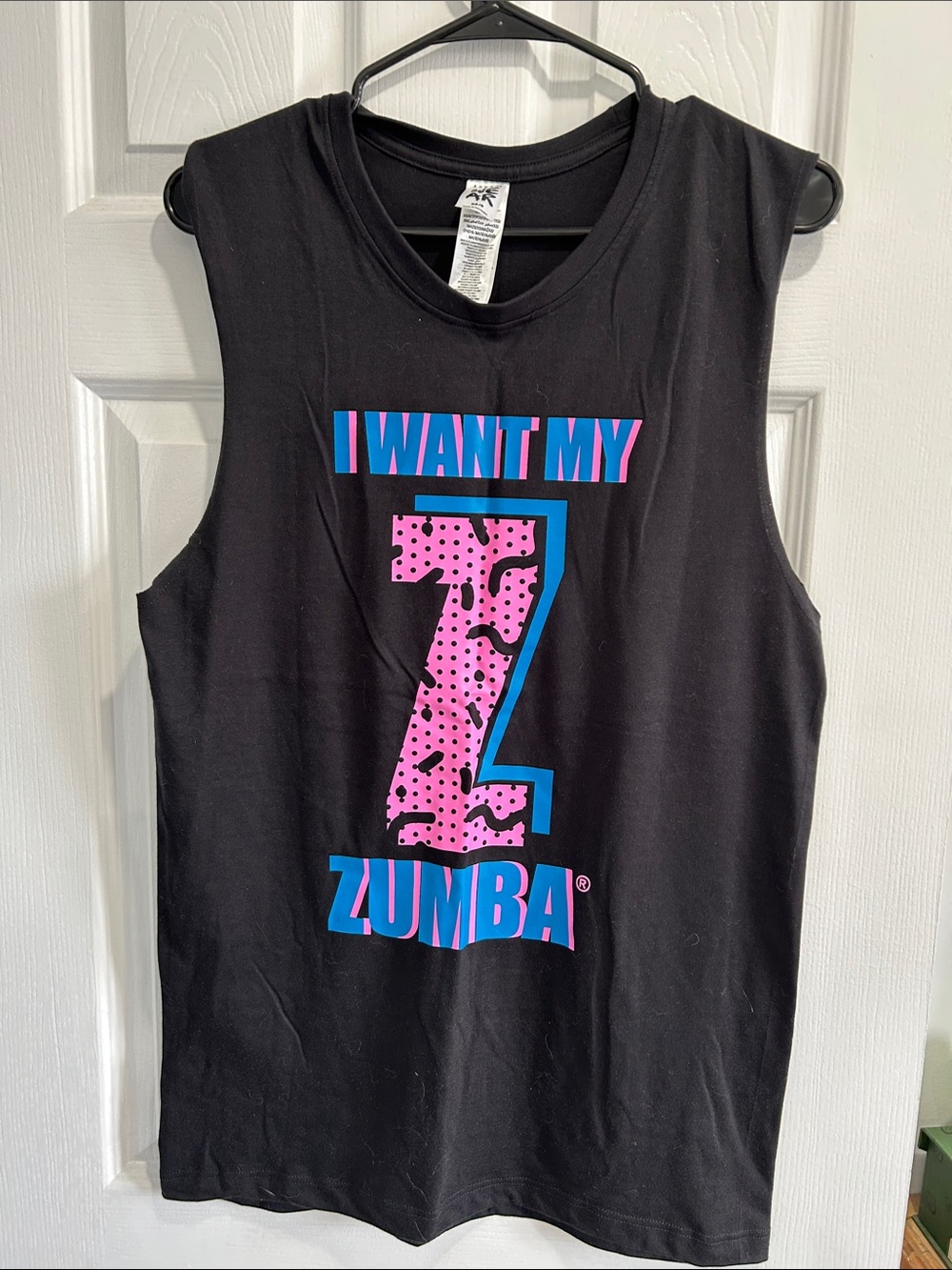 NWOT Zumba Fitness Black Muscle Tee with Pink & Blue Z Graphic